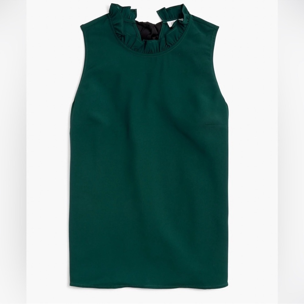 J Crew Blouse Pine Green Sleeveless Ruffle Black Bow Tie Closure NWT Small